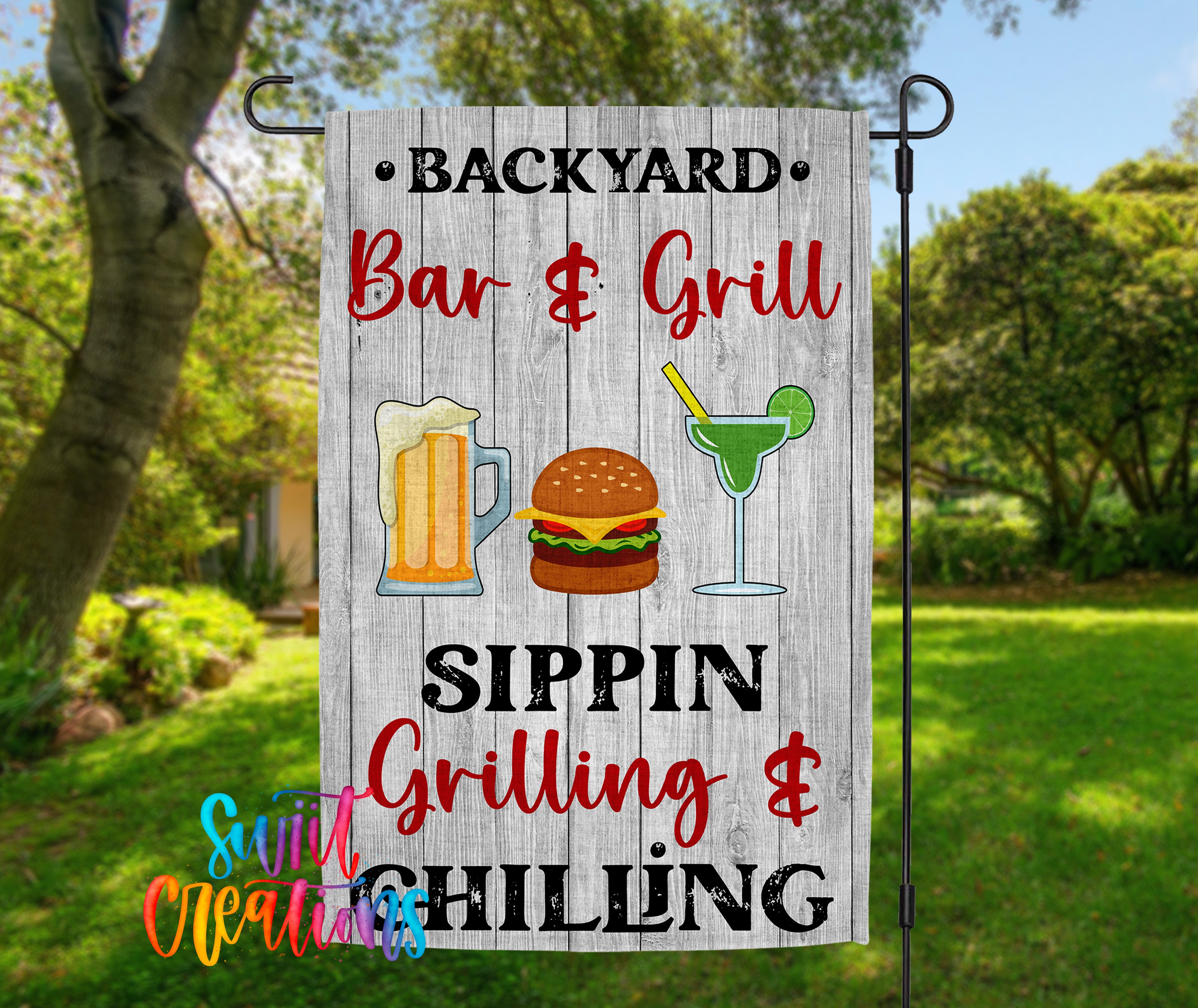 A backyard bar and grill sign with illustrations of a hamburger, beer mug, and margarita glass, along with the text "Backyard Bar & Grill Sippin Grilling & Chilling".