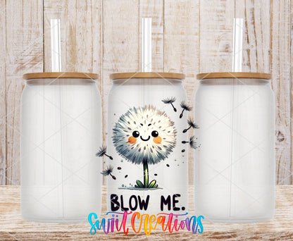 Blow Me Funny Sassy UV DTF transfer applied to a clear glass can set from Swiit Creations
