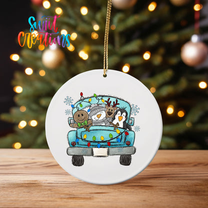 Blue Christmas Truck UV DTF Ornament Transfer | Cute Animal Friends Holiday Transfer | O-1692 - Swiit Creations