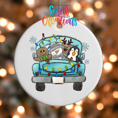 Blue Christmas Truck UV DTF Ornament Transfer | Cute Animal Friends Holiday Transfer | O-1692 - Swiit Creations