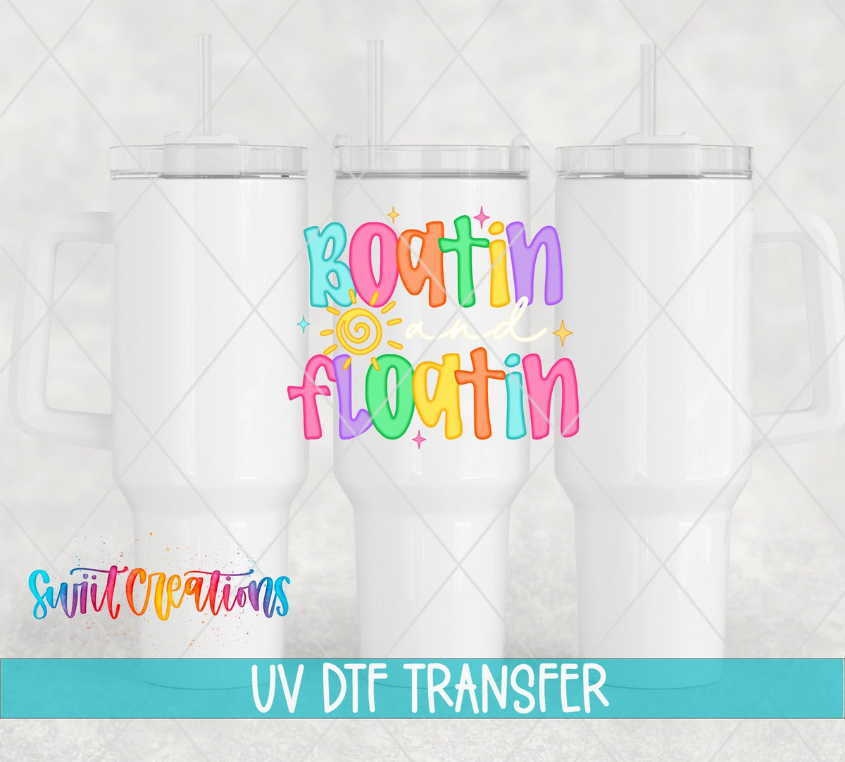 Boatin And Floatin UV DTF transfer applied to a white tumbler set from Swiit Creations