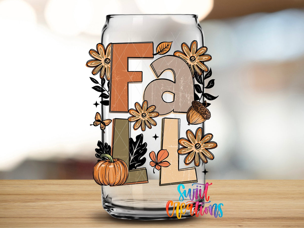 Boho Fall UV DTF transfer applied to a clear glass can from Swiit Creations