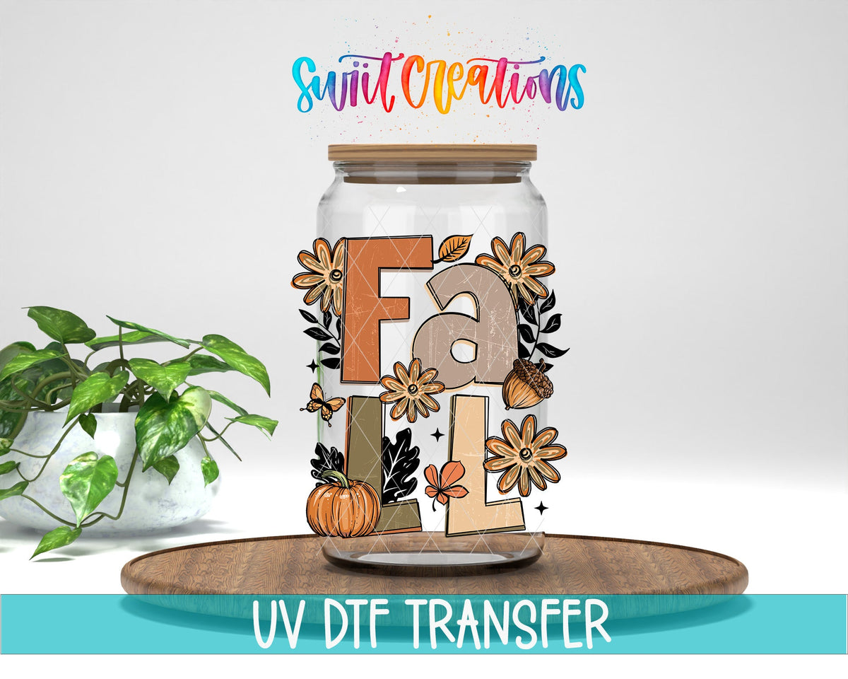 Boho Fall UV DTF transfer displayed on a clear jar mockup from Swiit Creations