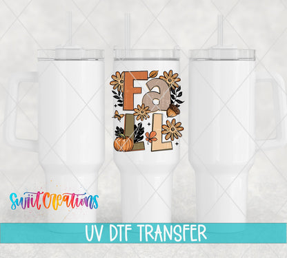 Boho Fall UV DTF transfer applied to a white tumbler set from Swiit Creations