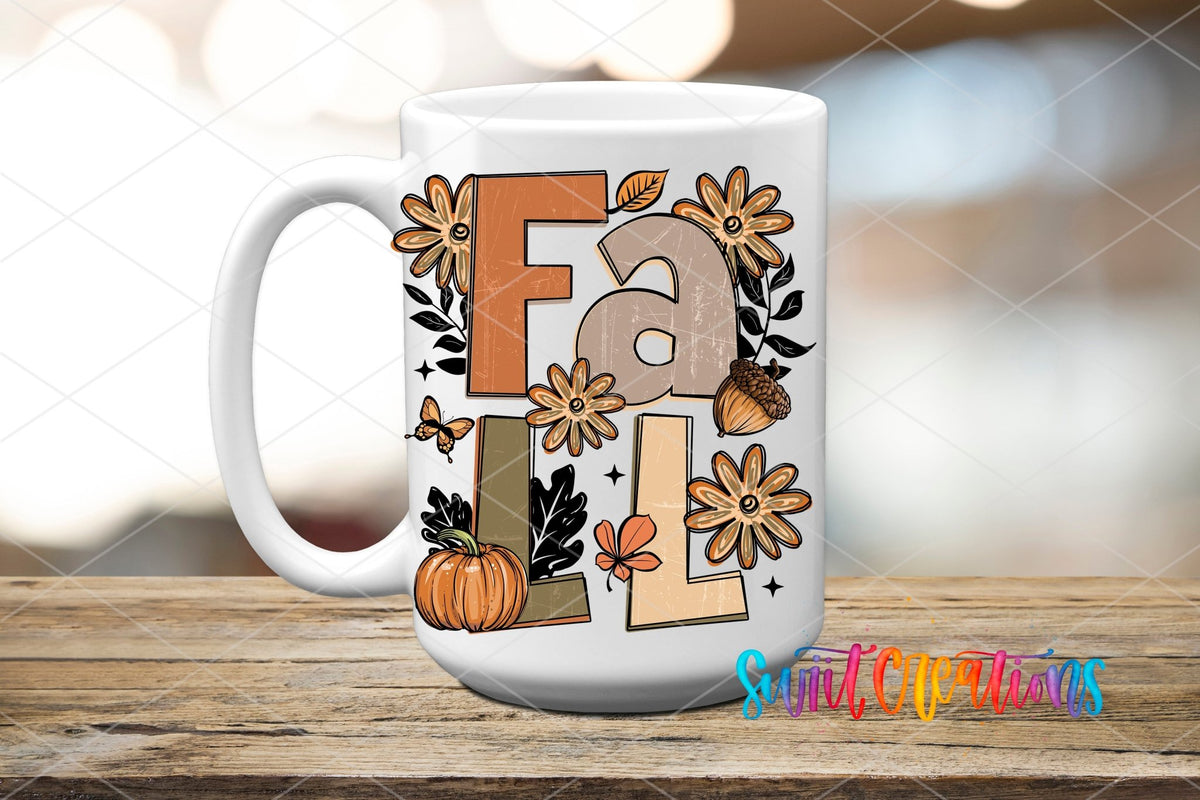 Boho Fall UV DTF transfer displayed on a white ceramic mug from Swiit Creations