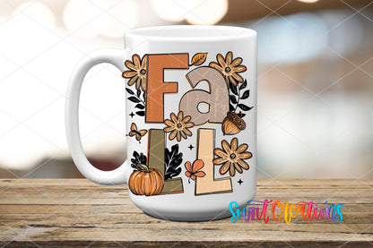 Boho Fall UV DTF transfer displayed on a white ceramic mug from Swiit Creations