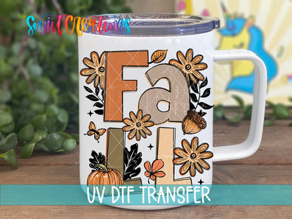 Boho Fall UV DTF transfer displayed on a white coffee mug from Swiit Creations