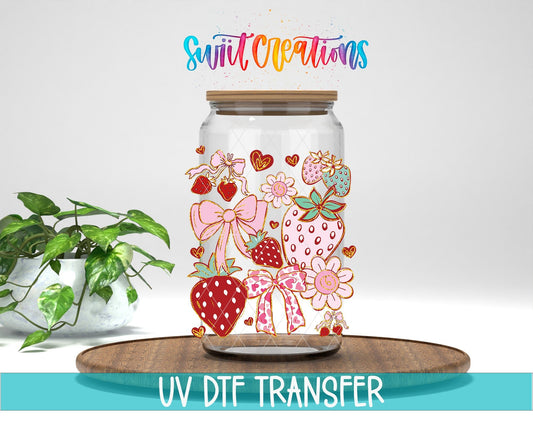 Boho Strawberry Coquette UV DTF transfer displayed on a clear jar mockup from Swiit Creations