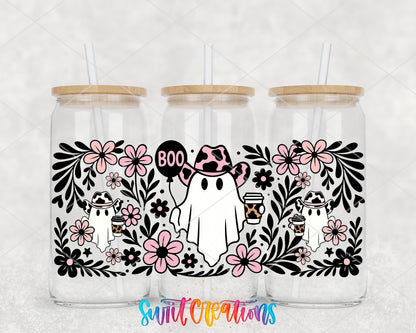 Boo Cowgirl Ghost UV DTF Transfer Tumbler Wrap | Pink Floral Western Ghost Cup Decal | DTF274 - Swiit Creations