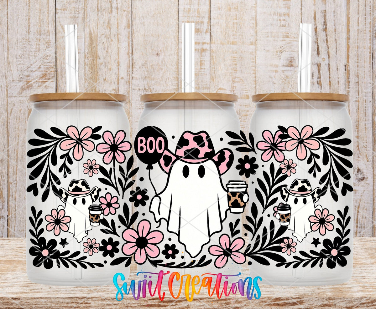 Boo Cowgirl Ghost UV DTF Transfer Tumbler Wrap | Pink Floral Western Ghost Cup Decal | DTF274 - Swiit Creations