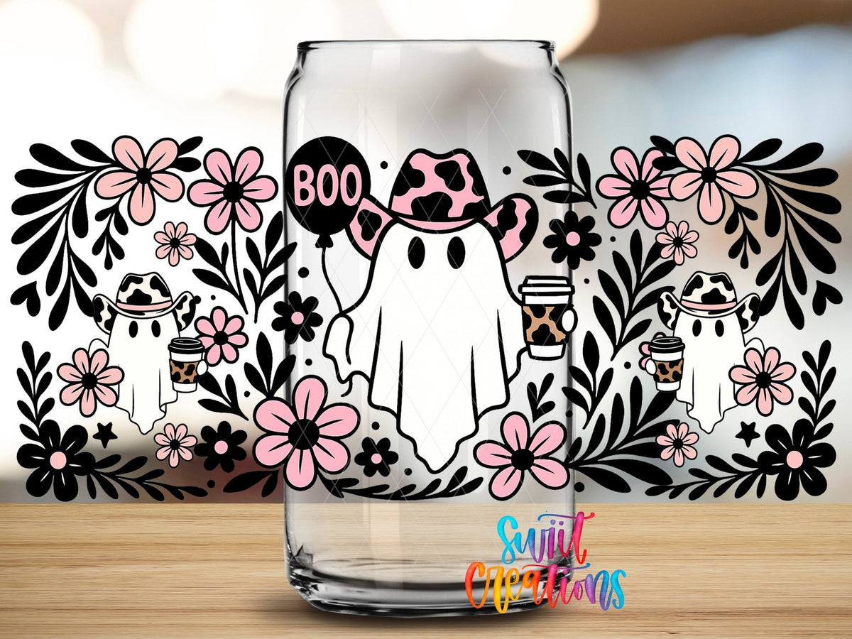 Boo Cowgirl Ghost UV DTF Transfer Tumbler Wrap | Pink Floral Western Ghost Cup Decal | DTF274 - Swiit Creations