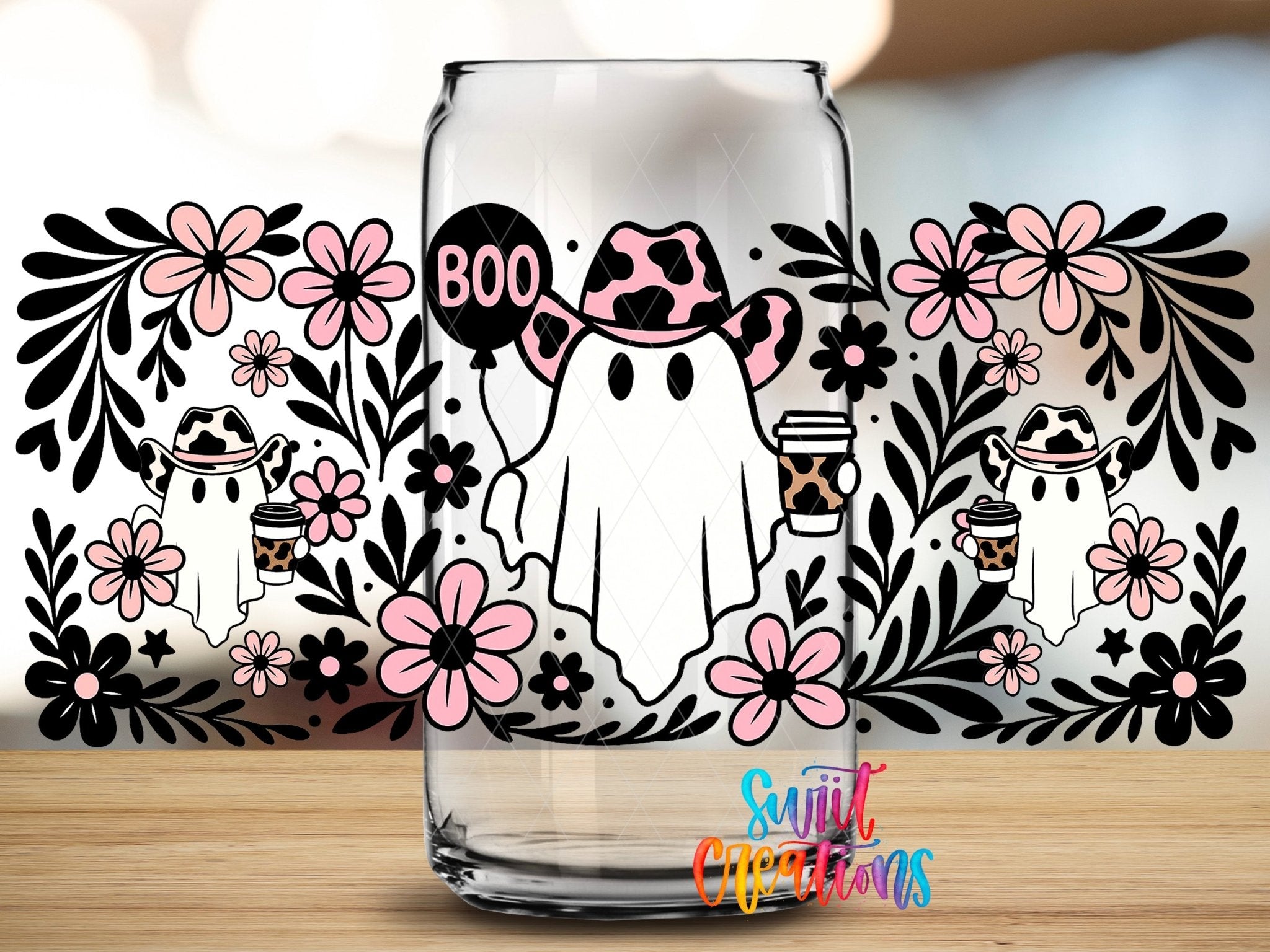 Boo Cowgirl Ghost UV DTF Transfer Tumbler Wrap | Pink Floral Western Ghost Cup Decal | DTF274 - Swiit Creations