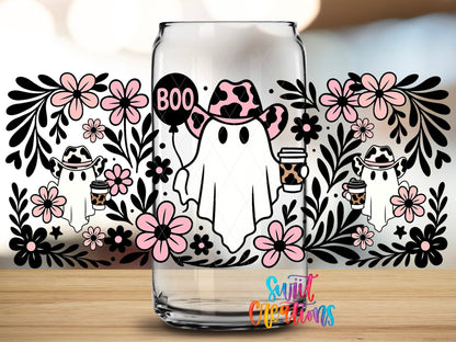 Boo Cowgirl Ghost UV DTF Transfer Tumbler Wrap | Pink Floral Western Ghost Cup Decal | DTF274 - Swiit Creations