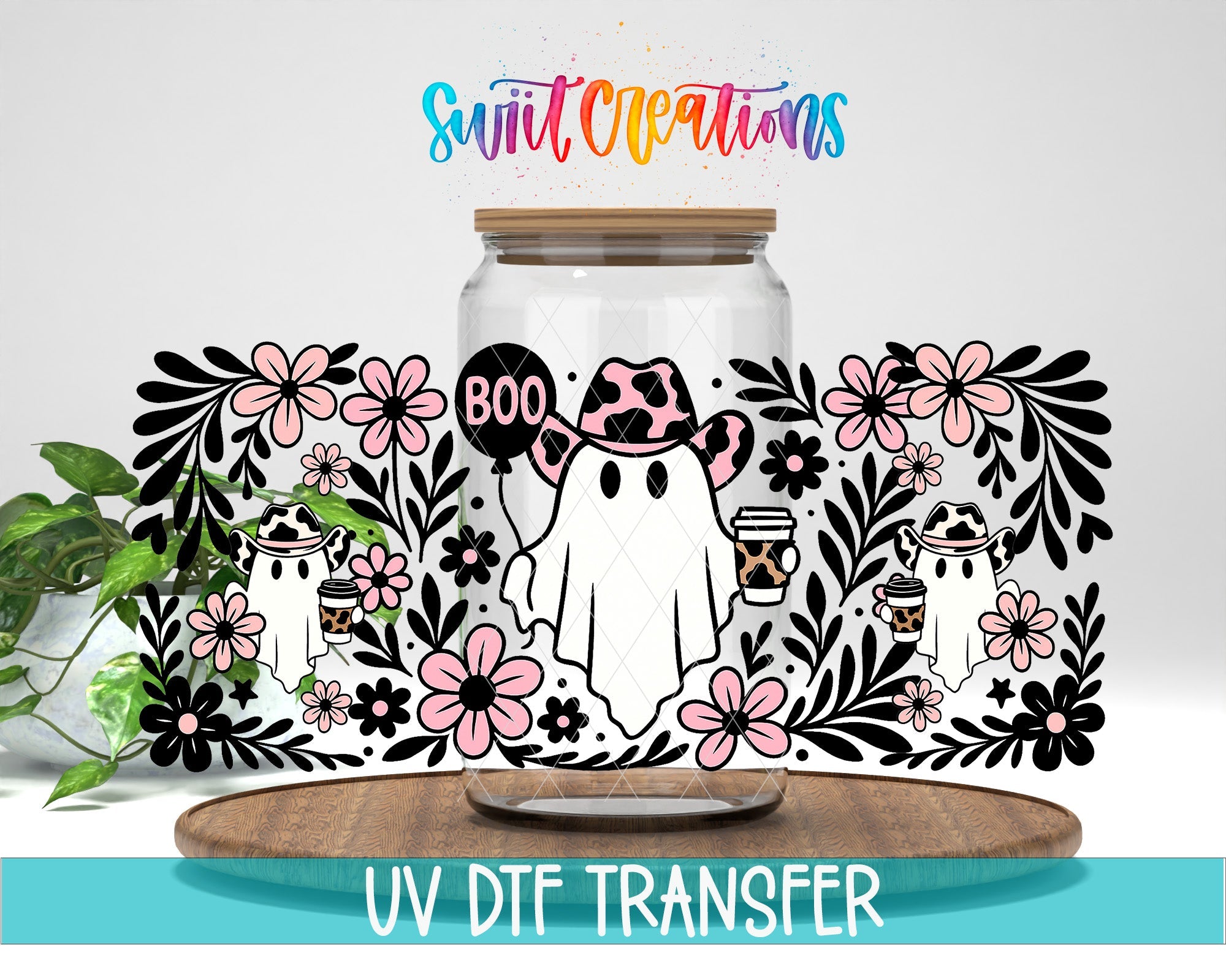 Boo Cowgirl Ghost UV DTF Transfer Tumbler Wrap | Pink Floral Western Ghost Cup Decal | DTF274 - Swiit Creations