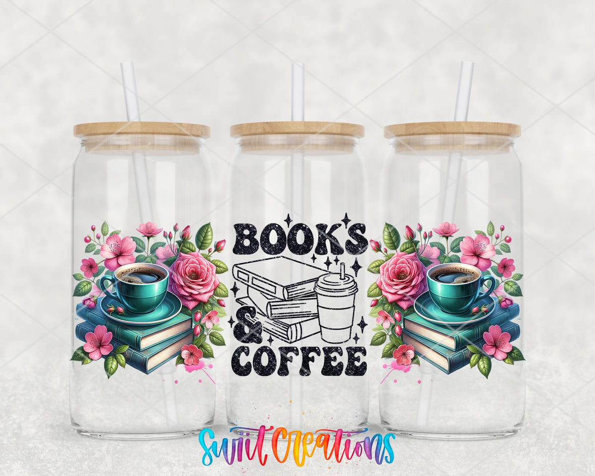 Books And Coffee UV DTF Transfer Tumbler Wrap | Floral Book Lover Coffee Cup Decal | DTF263 - Swiit Creations