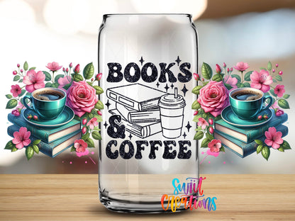 Books And Coffee UV DTF Transfer Tumbler Wrap | Floral Book Lover Coffee Cup Decal | DTF263 - Swiit Creations