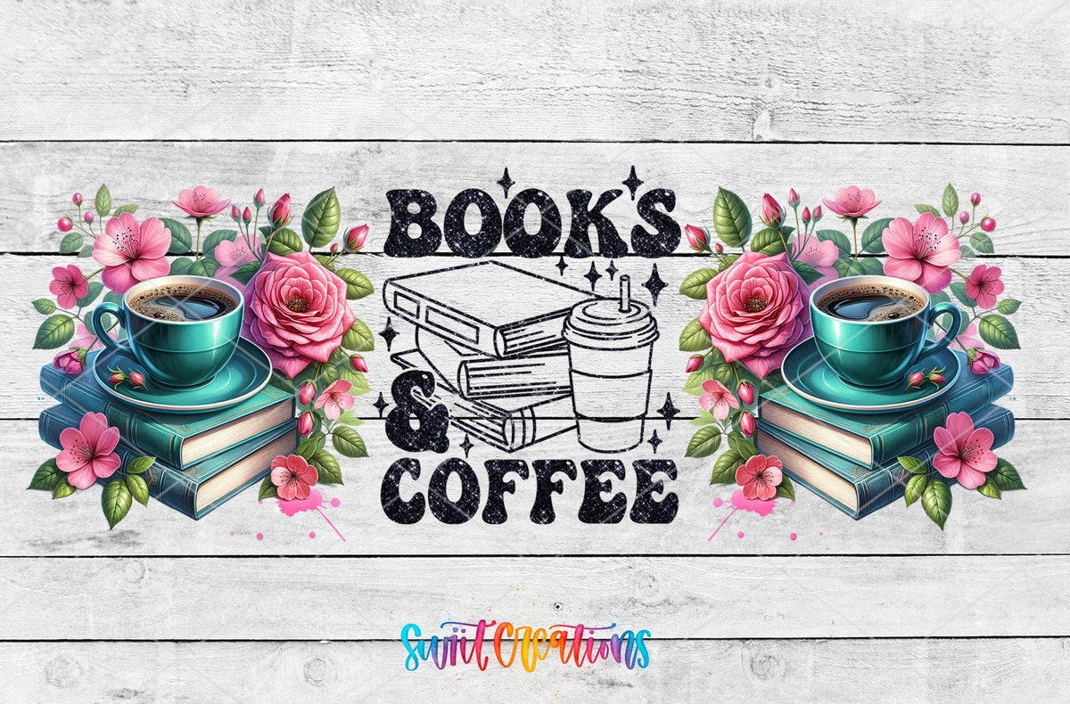 Books And Coffee UV DTF Transfer Tumbler Wrap | Floral Book Lover Coffee Cup Decal | DTF263 - Swiit Creations