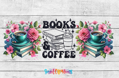 Books And Coffee UV DTF Transfer Tumbler Wrap | Floral Book Lover Coffee Cup Decal | DTF263 - Swiit Creations