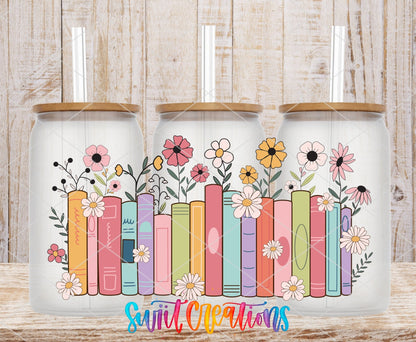 Books And Flowers UV DTF Transfer Tumbler Wrap | Pastel Floral Bookshelf Cup Decal | DTF207 - Swiit Creations
