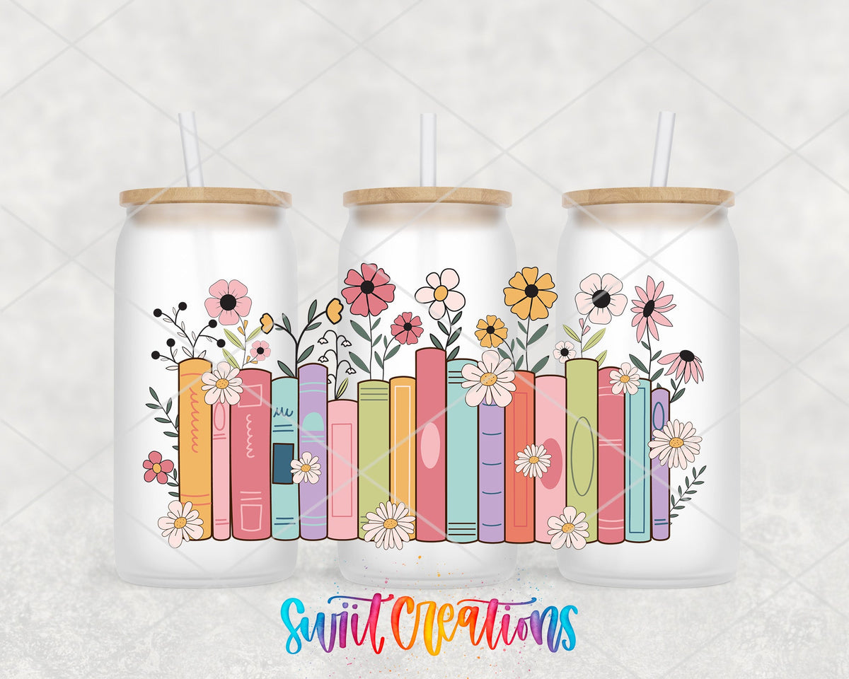 Books And Flowers UV DTF Transfer Tumbler Wrap | Pastel Floral Bookshelf Cup Decal | DTF207 - Swiit Creations