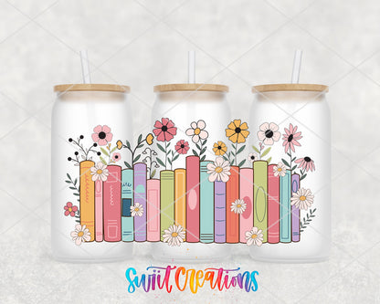 Books And Flowers UV DTF Transfer Tumbler Wrap | Pastel Floral Bookshelf Cup Decal | DTF207 - Swiit Creations
