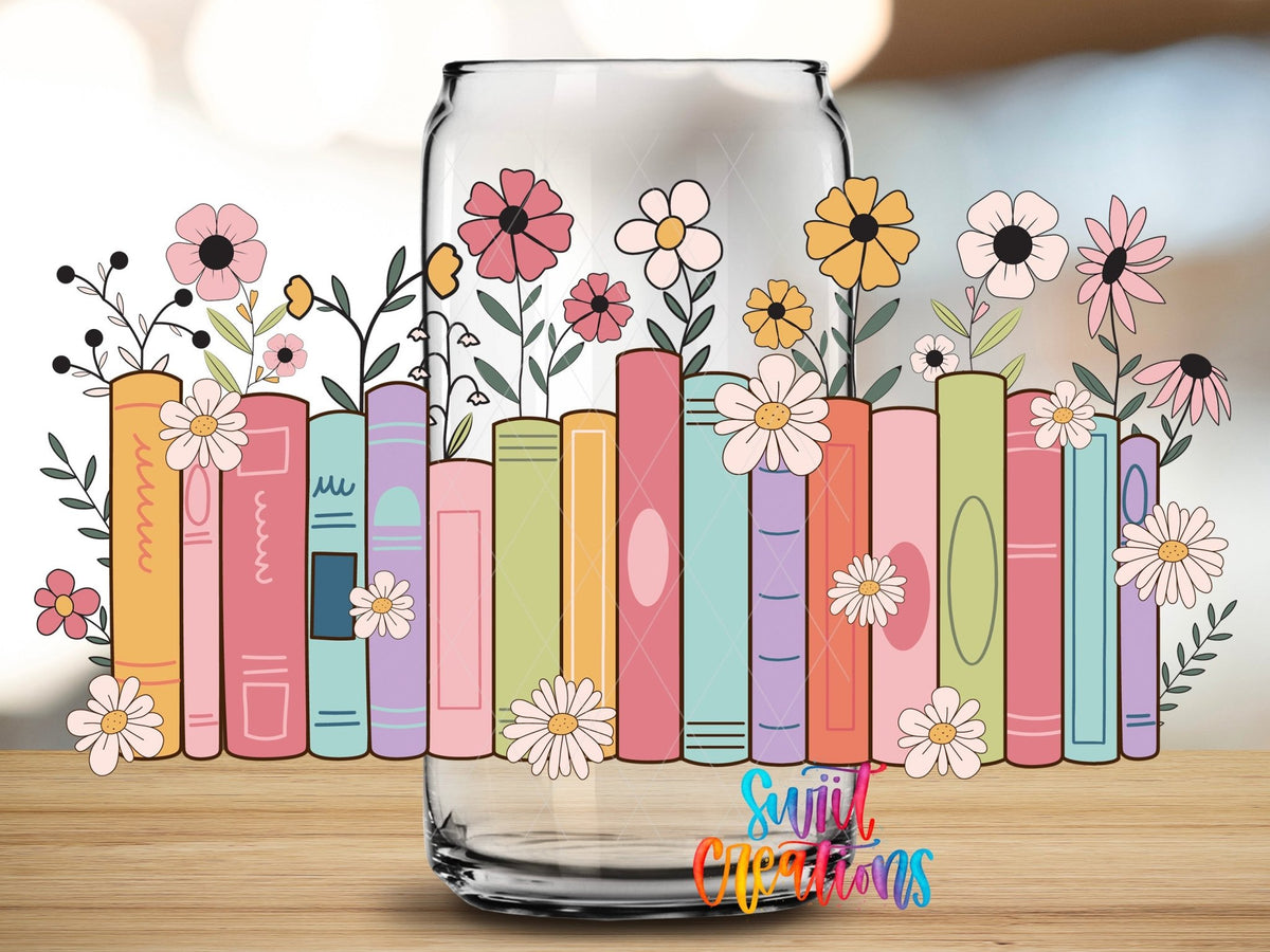 Books And Flowers UV DTF Transfer Tumbler Wrap | Pastel Floral Bookshelf Cup Decal | DTF207 - Swiit Creations