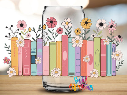 Books And Flowers UV DTF Transfer Tumbler Wrap | Pastel Floral Bookshelf Cup Decal | DTF207 - Swiit Creations
