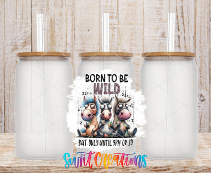 Swiit Creations UV DTF Born To Be Wild transfer shown on a clear glass can set