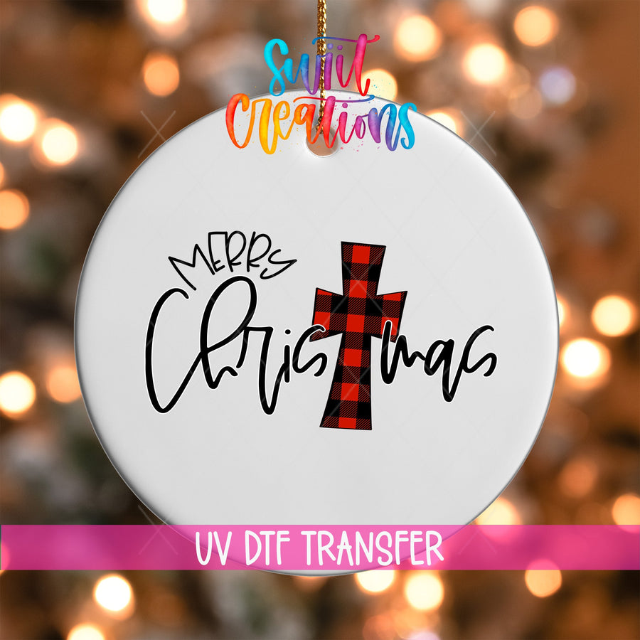 Buffalo Plaid Cross Merry Christmas UV DTF Ornament Transfer | O-1688