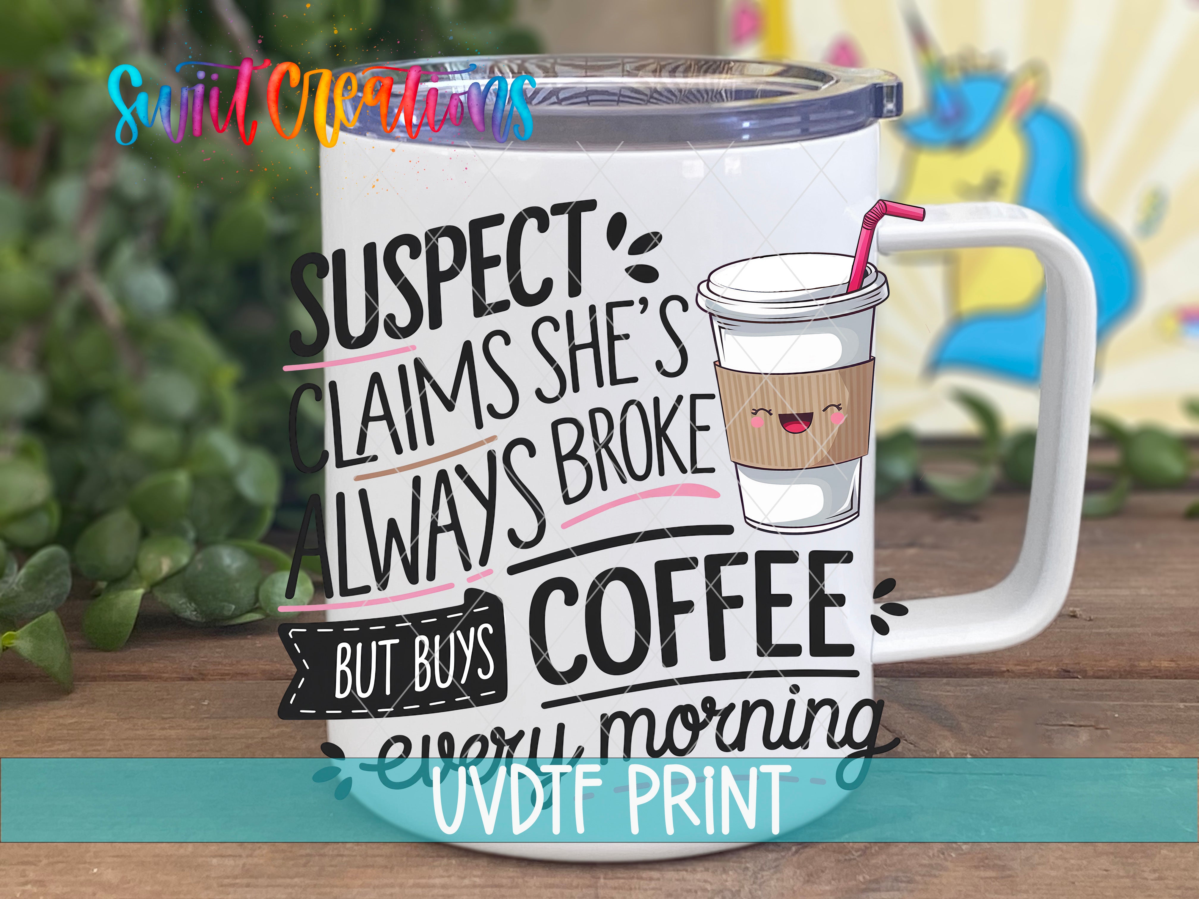 A white mug with text and an illustration of a coffee cup on it.