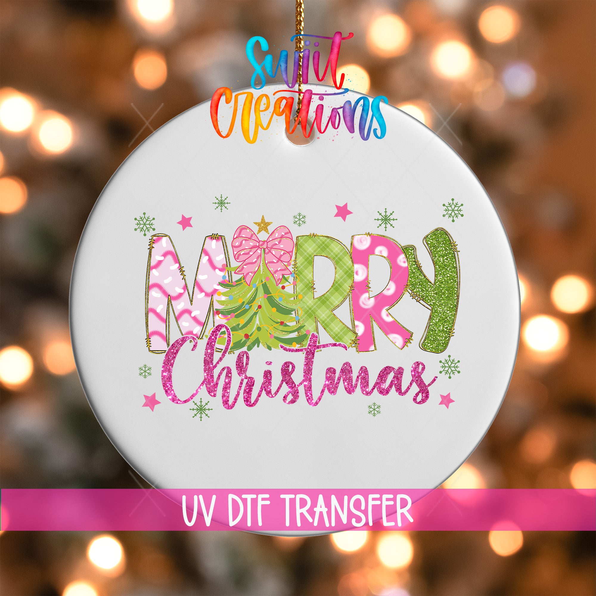 A white ornament with the text "Merry Christmas" in a colorful, festive design.