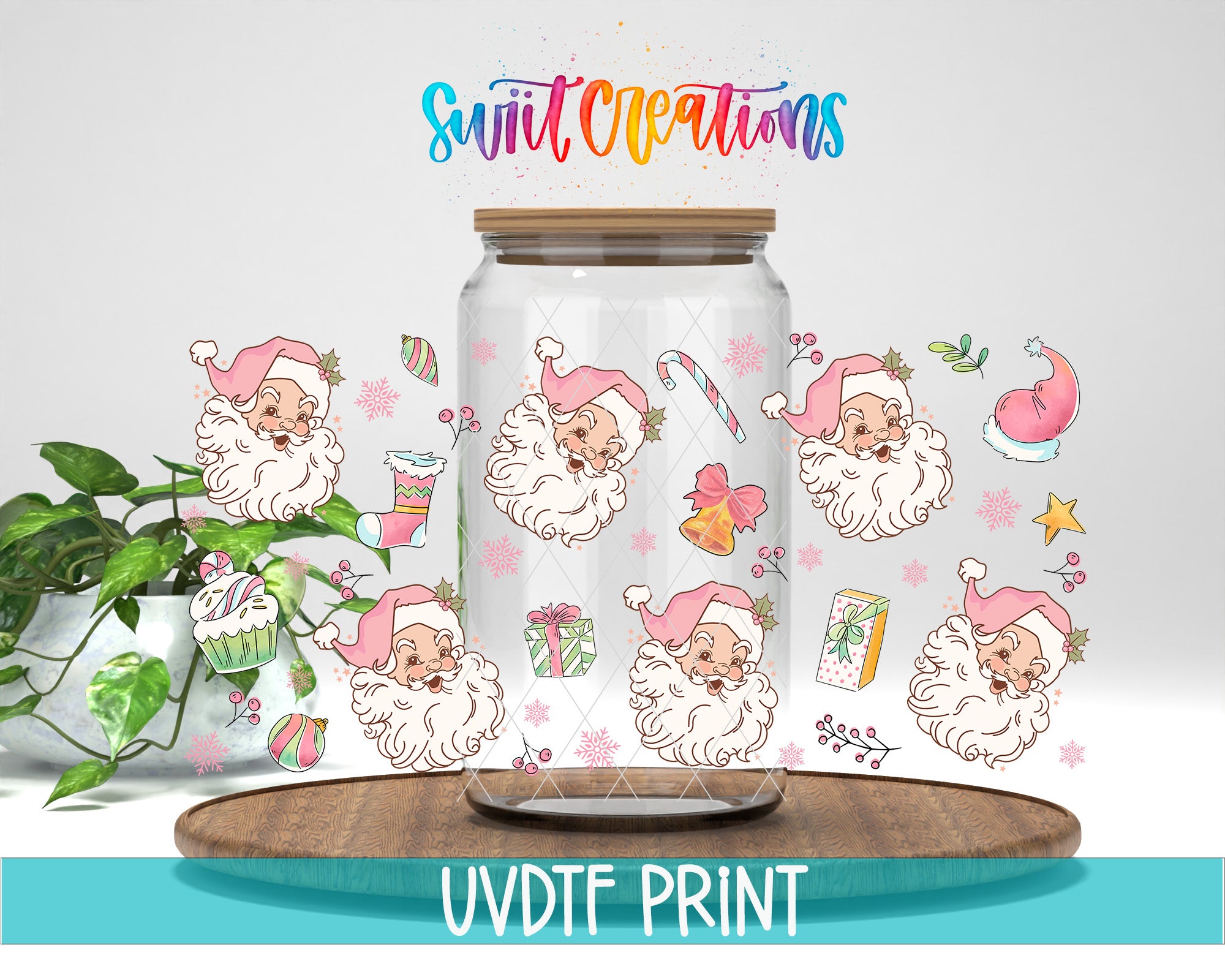 a glass jar with a lid, decorated with various Christmas-themed illustrations, including Santa Claus, snowflakes, candy canes, and other festive elements. The jar is placed on a wooden surface, and there is a potted plant in the background. The text "Swift Creations" is written above the jar, and "UVDF PRINT" is written at the bottom of the image.