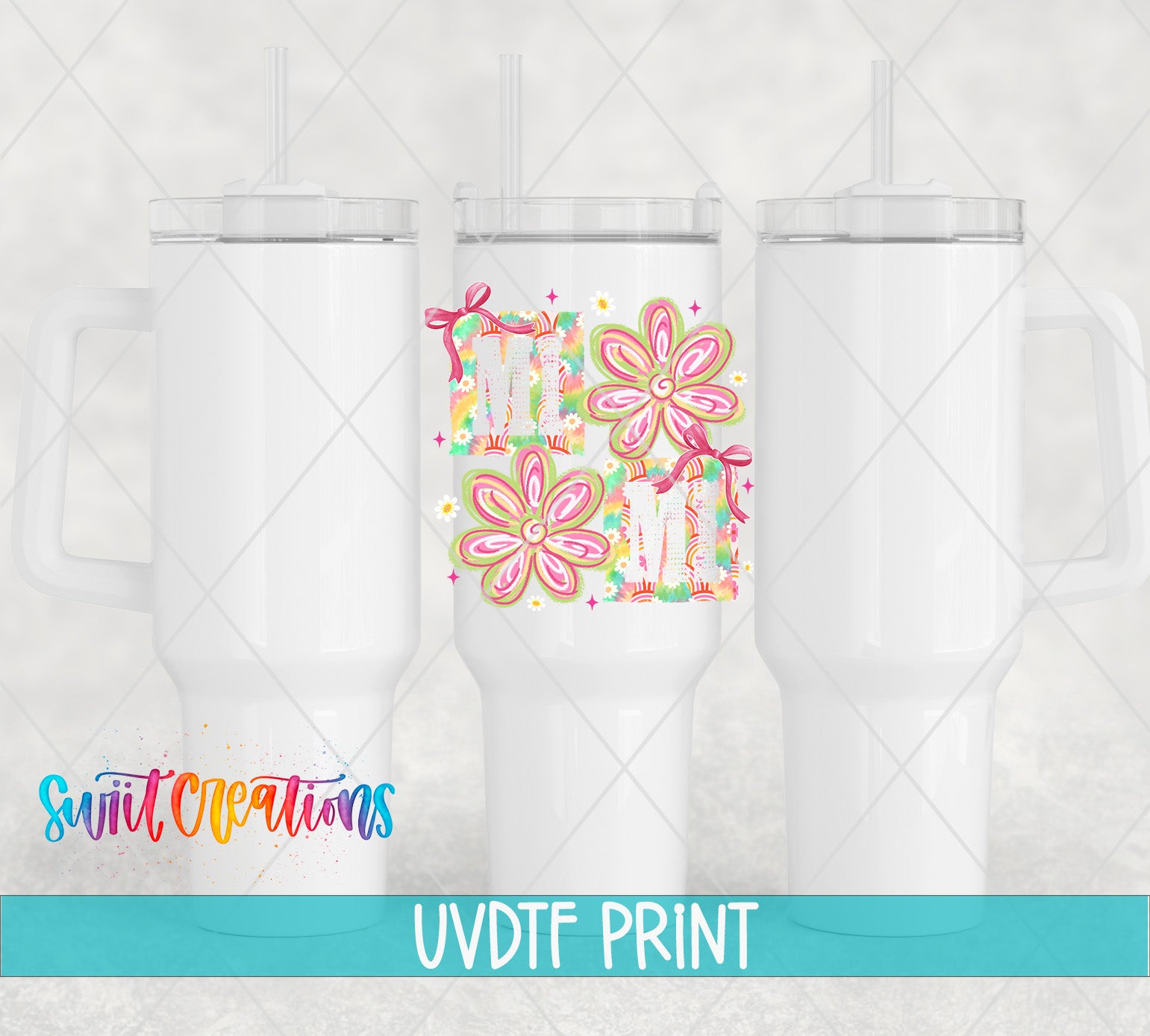 three white tumblers with flower designs printed on them.
