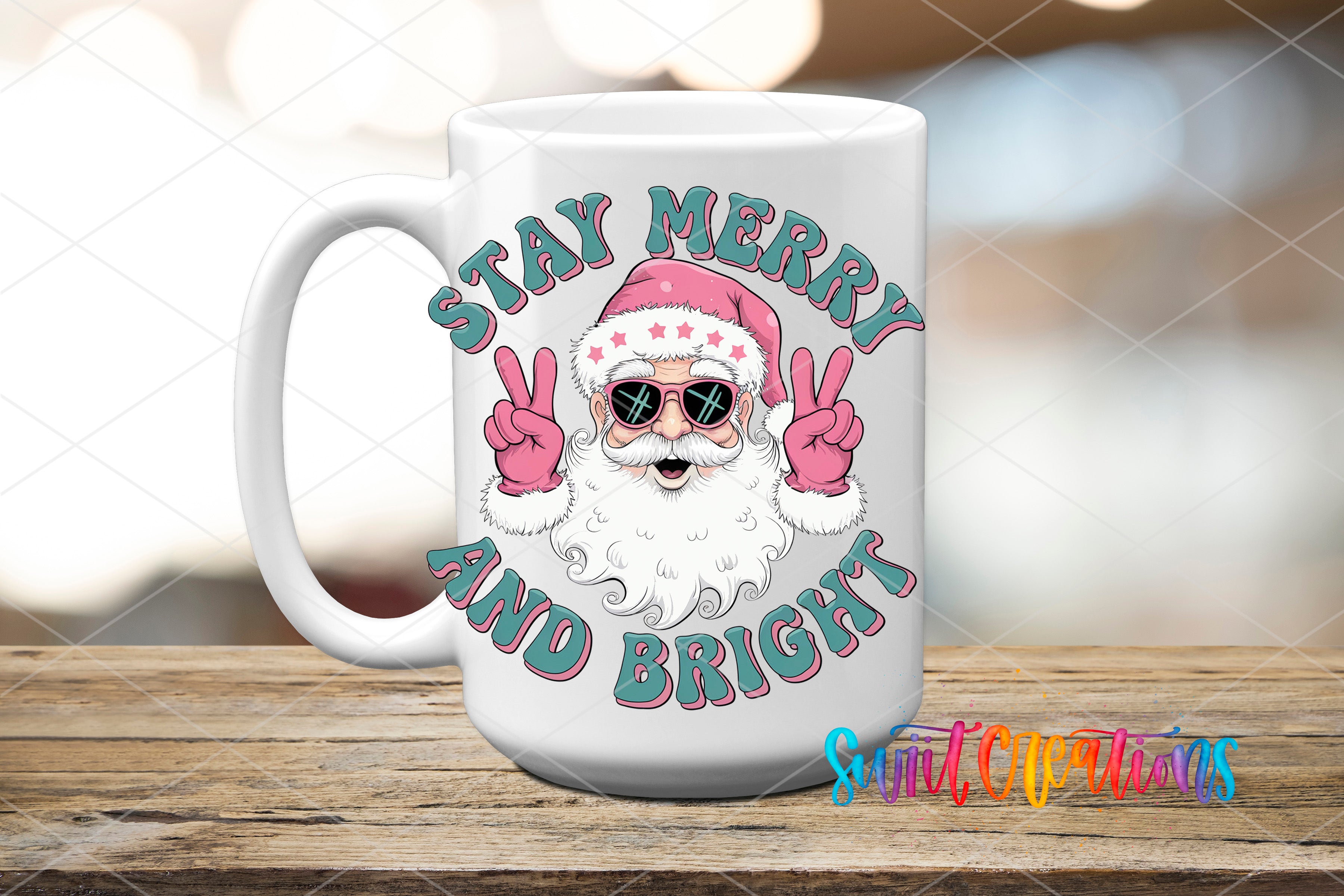 A white mug with a colorful design featuring a smiling Santa Claus character wearing sunglasses and making a peace sign.