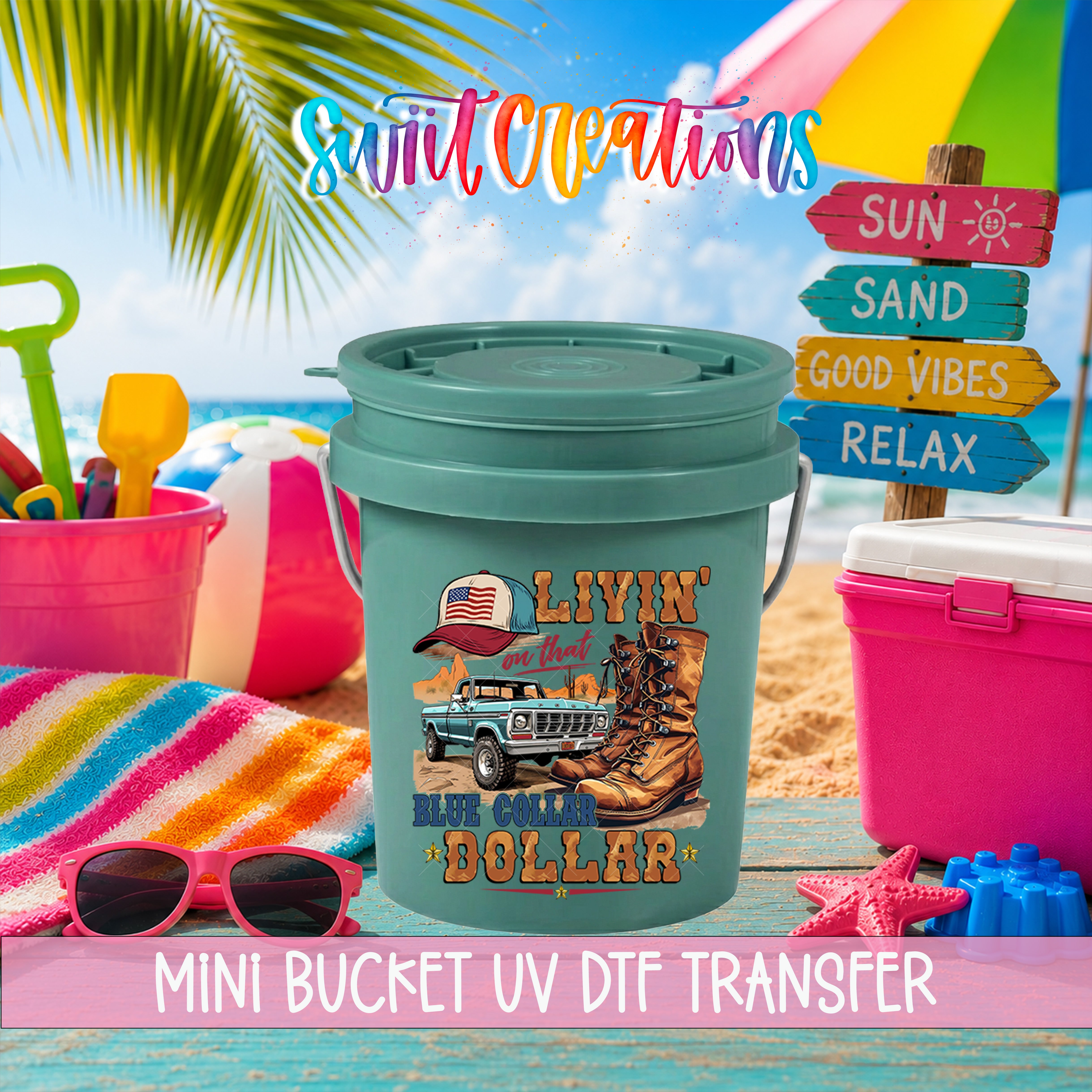 a bucket with a truck design, surrounded by beach-themed items such as a bucket, sunglasses, a beach towel, and a sign.