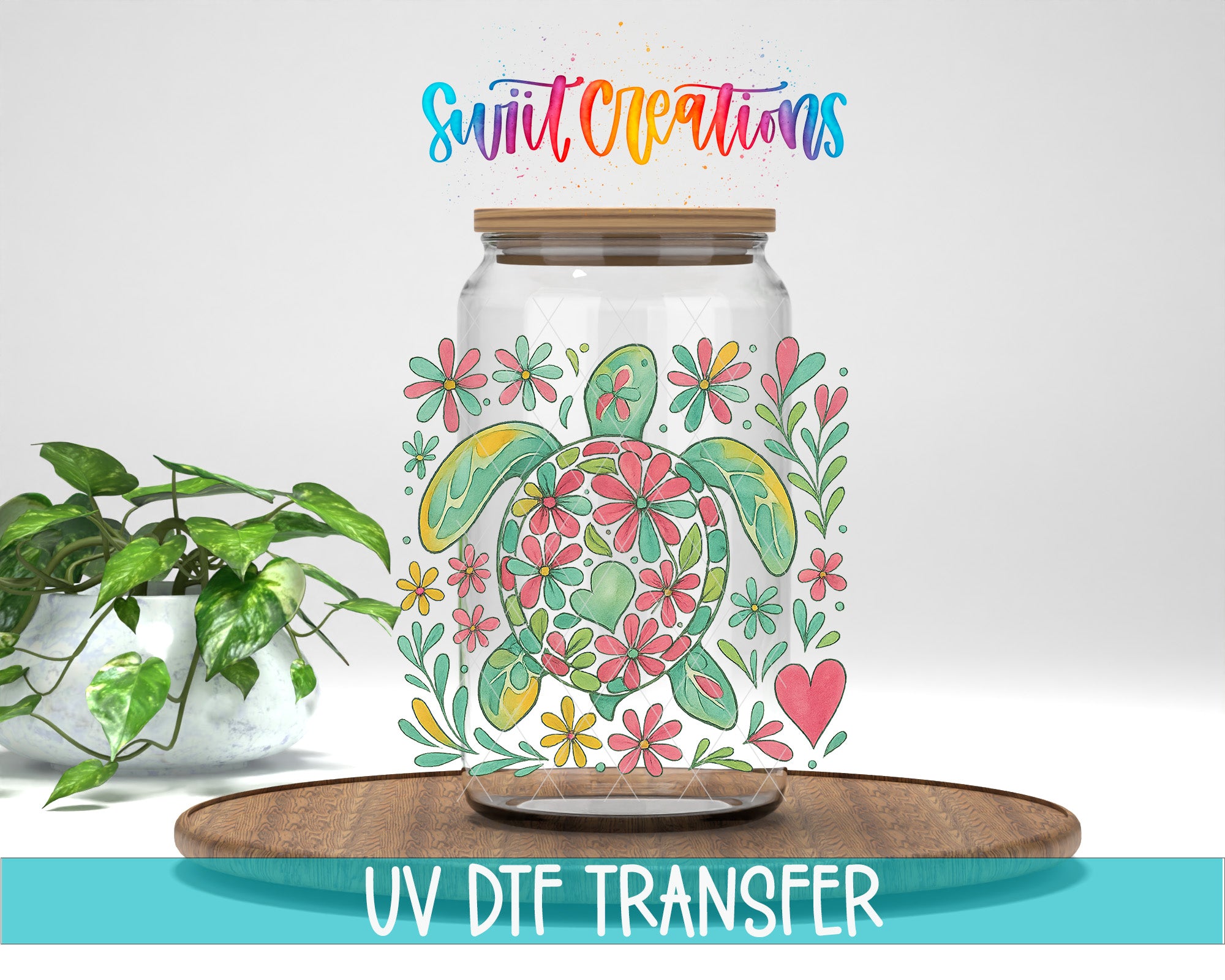 a glass jar with a colorful floral design, placed on a wooden surface. The jar is surrounded by a variety of flowers and leaves, creating a vibrant and visually appealing scene.