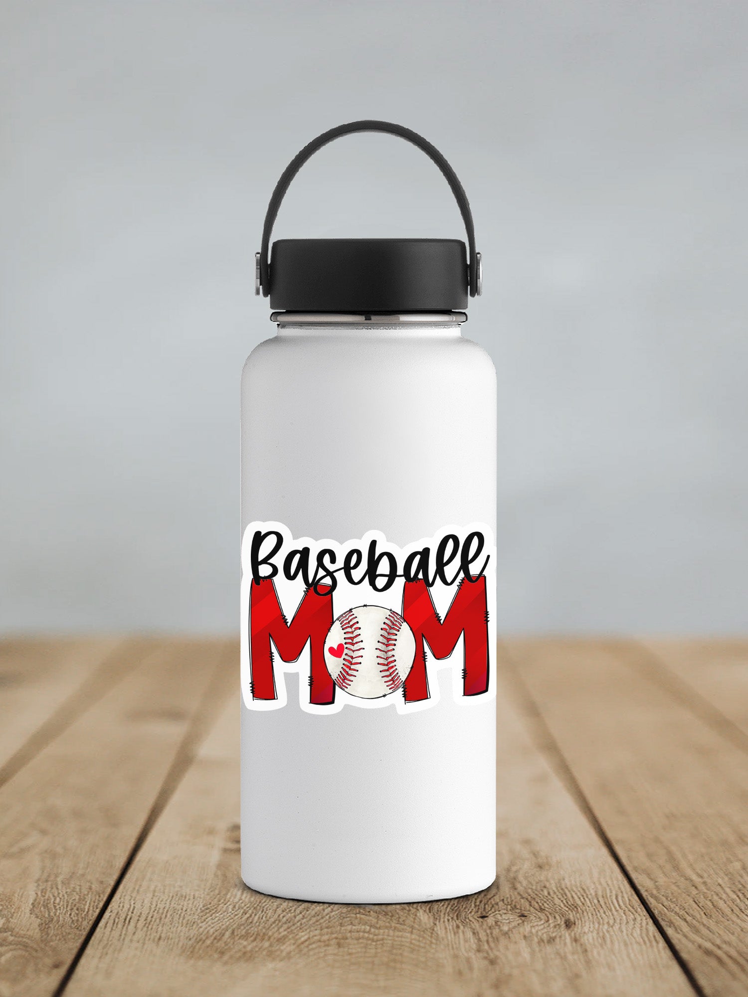 a white water bottle with a baseball mom on it