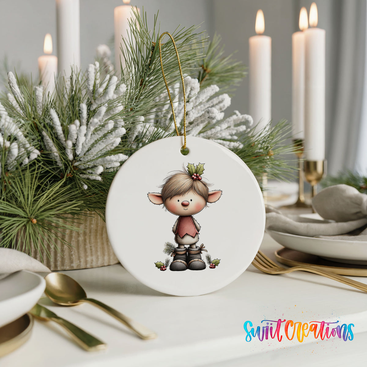 A white ceramic ornament featuring a cartoon character is displayed on a table, surrounded by candles, plates, and silverware.