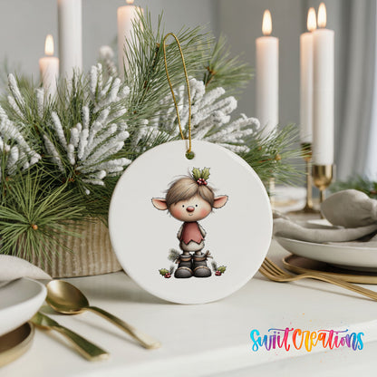 A white ceramic ornament featuring a cartoon character is displayed on a table, surrounded by candles, plates, and silverware.
