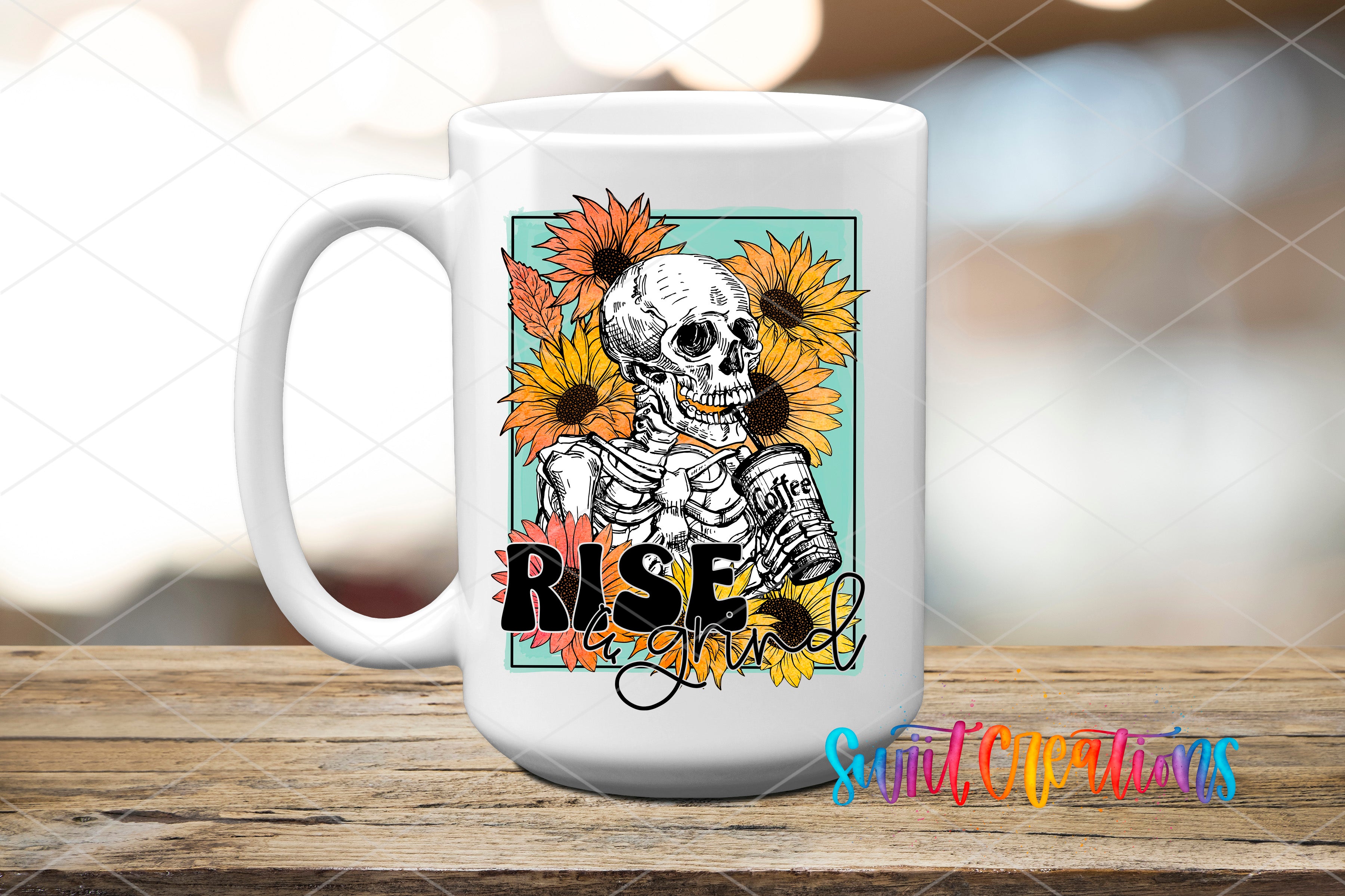 A white ceramic mug with a colorful design featuring a skeleton surrounded by sunflowers and the text "RISE" written on it.