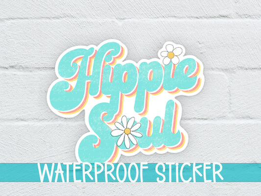 a white brick wall with the words hippie soul waterproof sticker on it