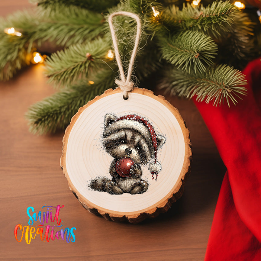 A wooden ornament featuring a raccoon wearing a Santa hat, hanging on a Christmas tree.