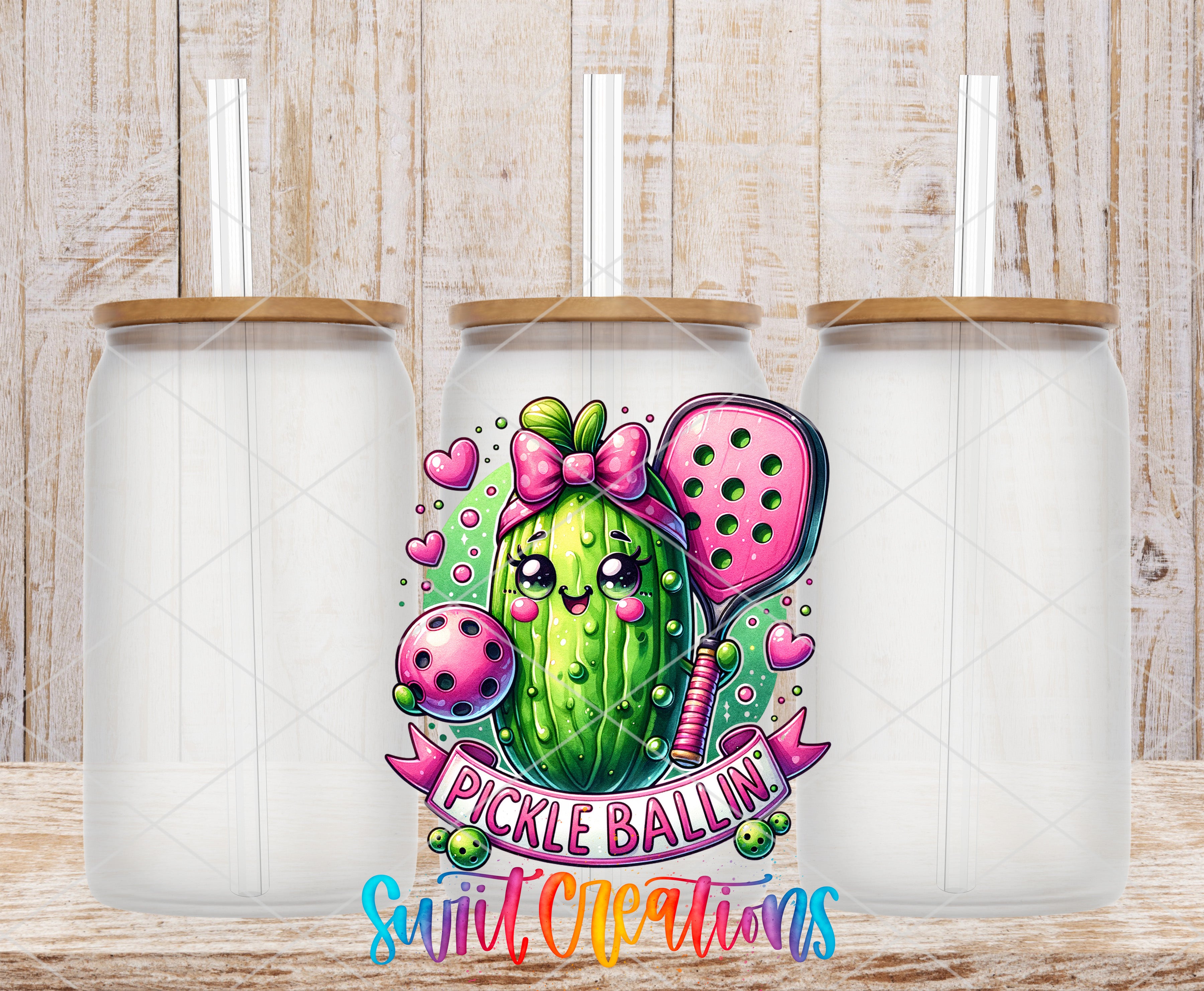 A colorful illustration of a pickle with a bow on its head, surrounded by hearts and a banner that says "Pickle Ballin!".