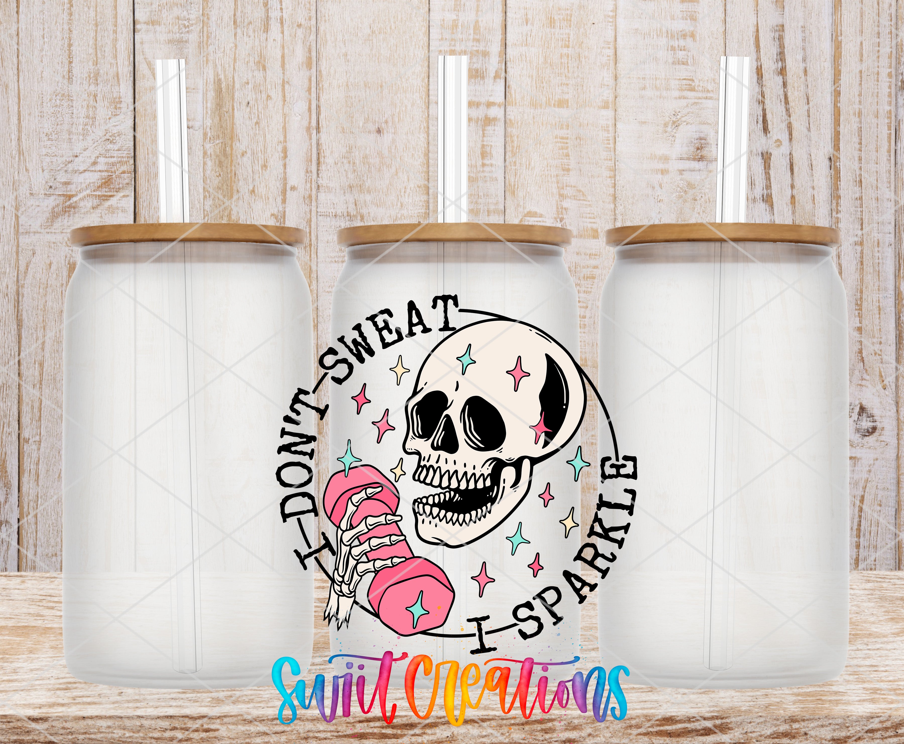 three glass jars with a skull design and the text "I DON'T SWEAT I SPARKLE" printed on them.