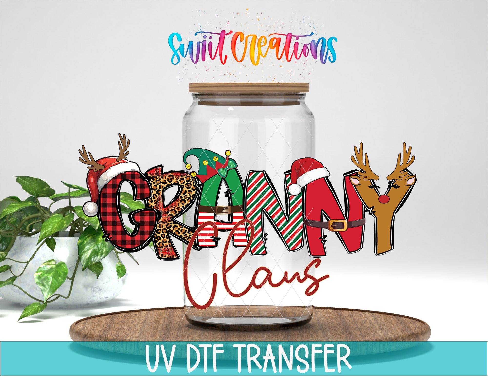 a glass jar with the word "GRANDNY CLANS" written on it, along with various Christmas-themed decorations such as reindeer, Santa hats, and a snowman. The jar is placed on a wooden surface, and there is a potted plant in the background.