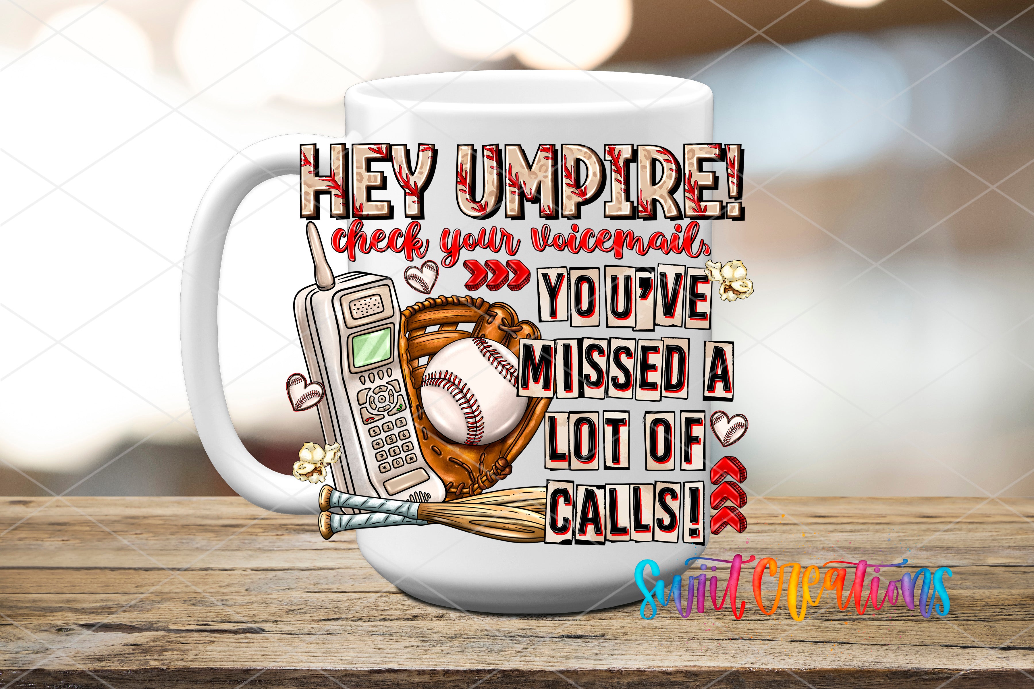 A white mug with a humorous text and graphic design related to baseball and communication.