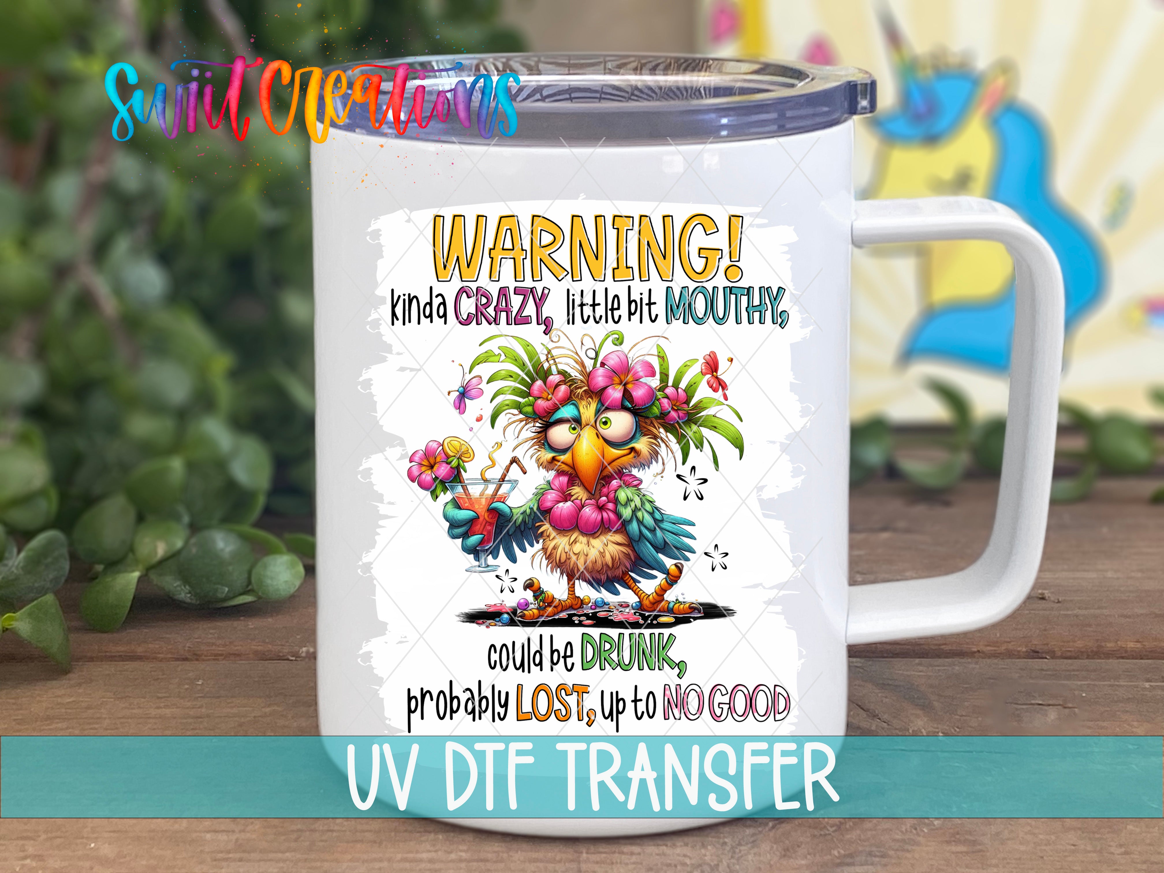 A white mug with a colorful illustration of a bird holding a drink and a warning message printed on it.