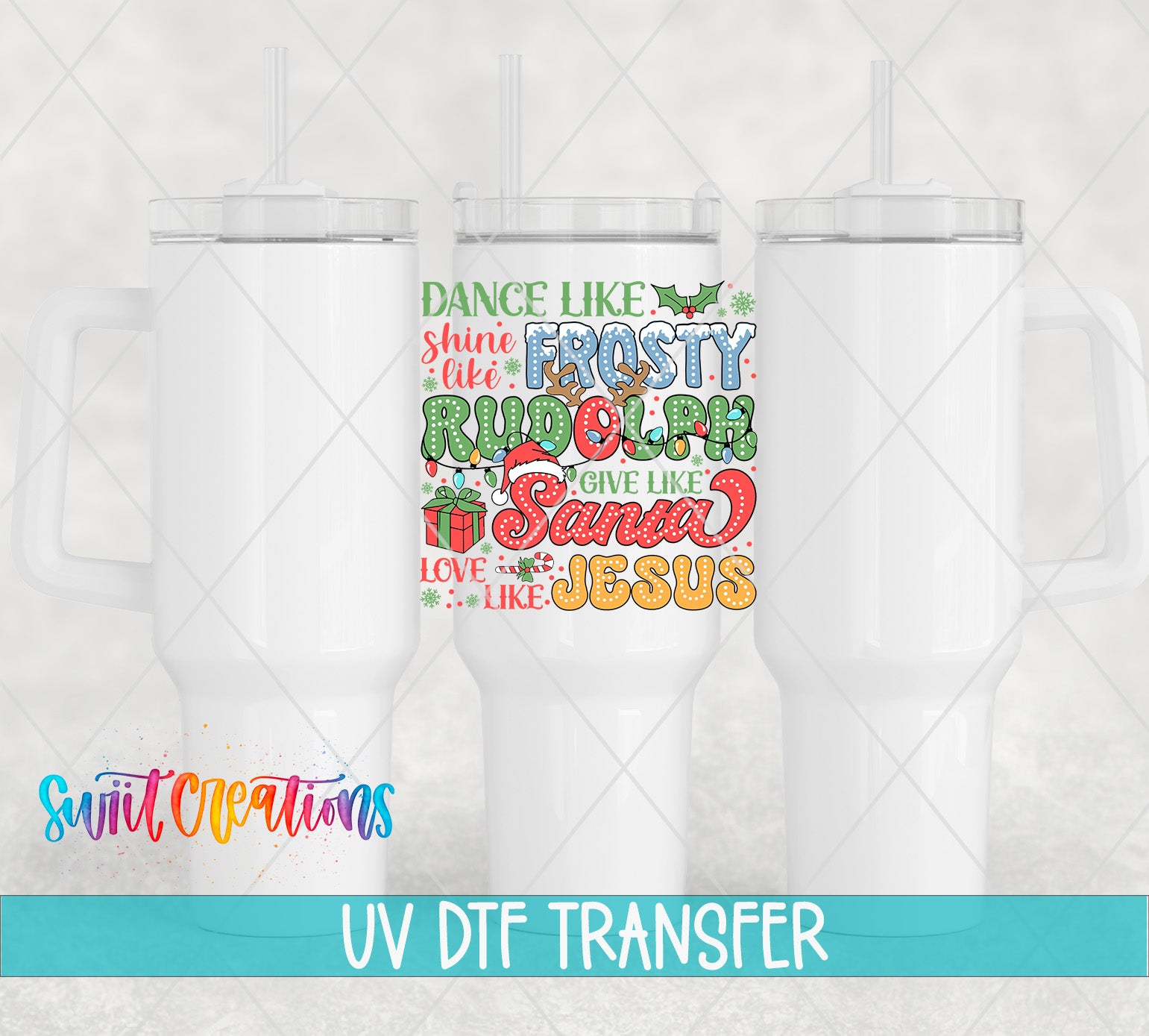 three white tumblers with a colorful, hand-lettered design on the front.