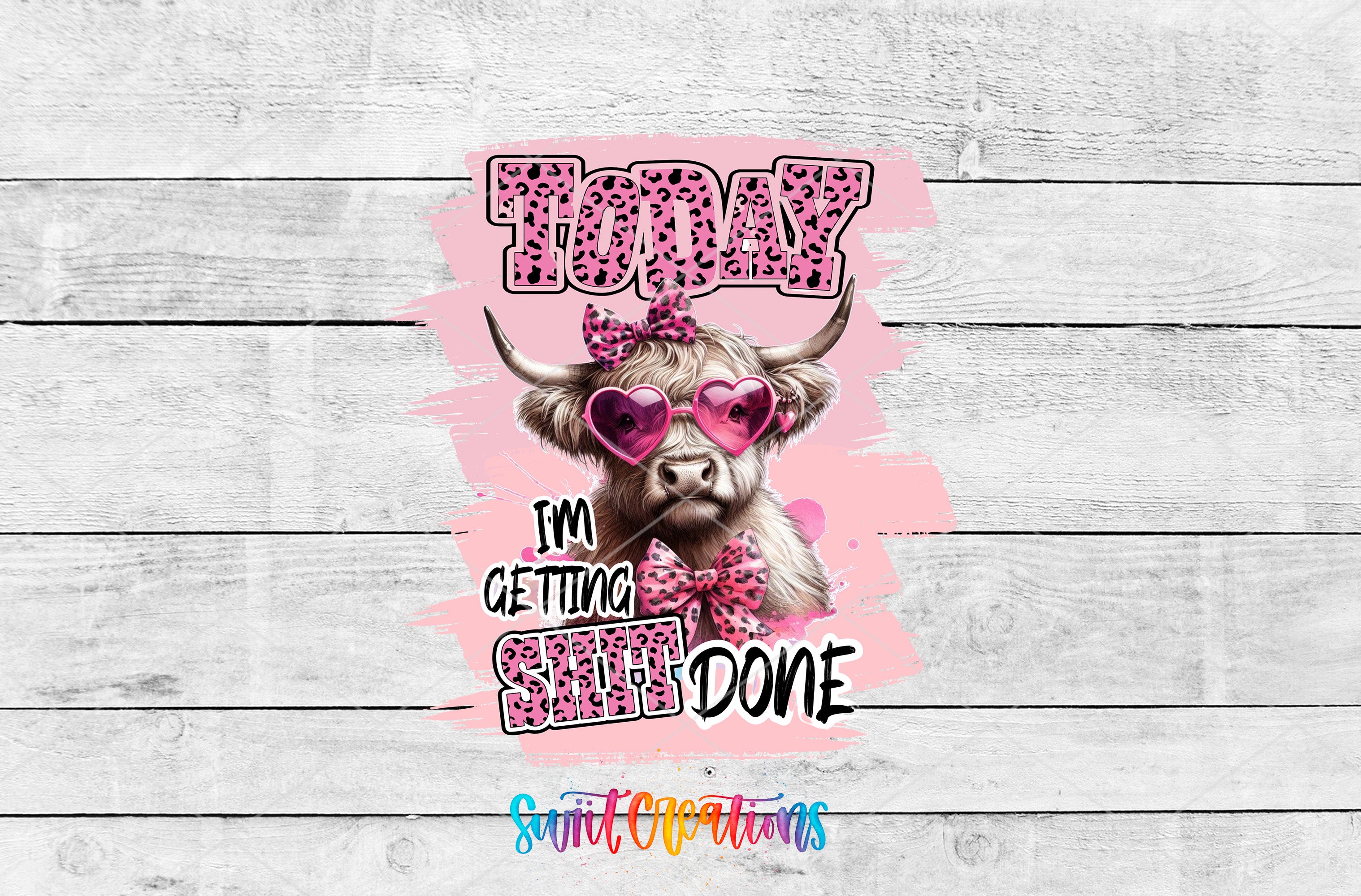 A cow wearing sunglasses and a bow tie, with the text "Today I'm getting some done" written below it.