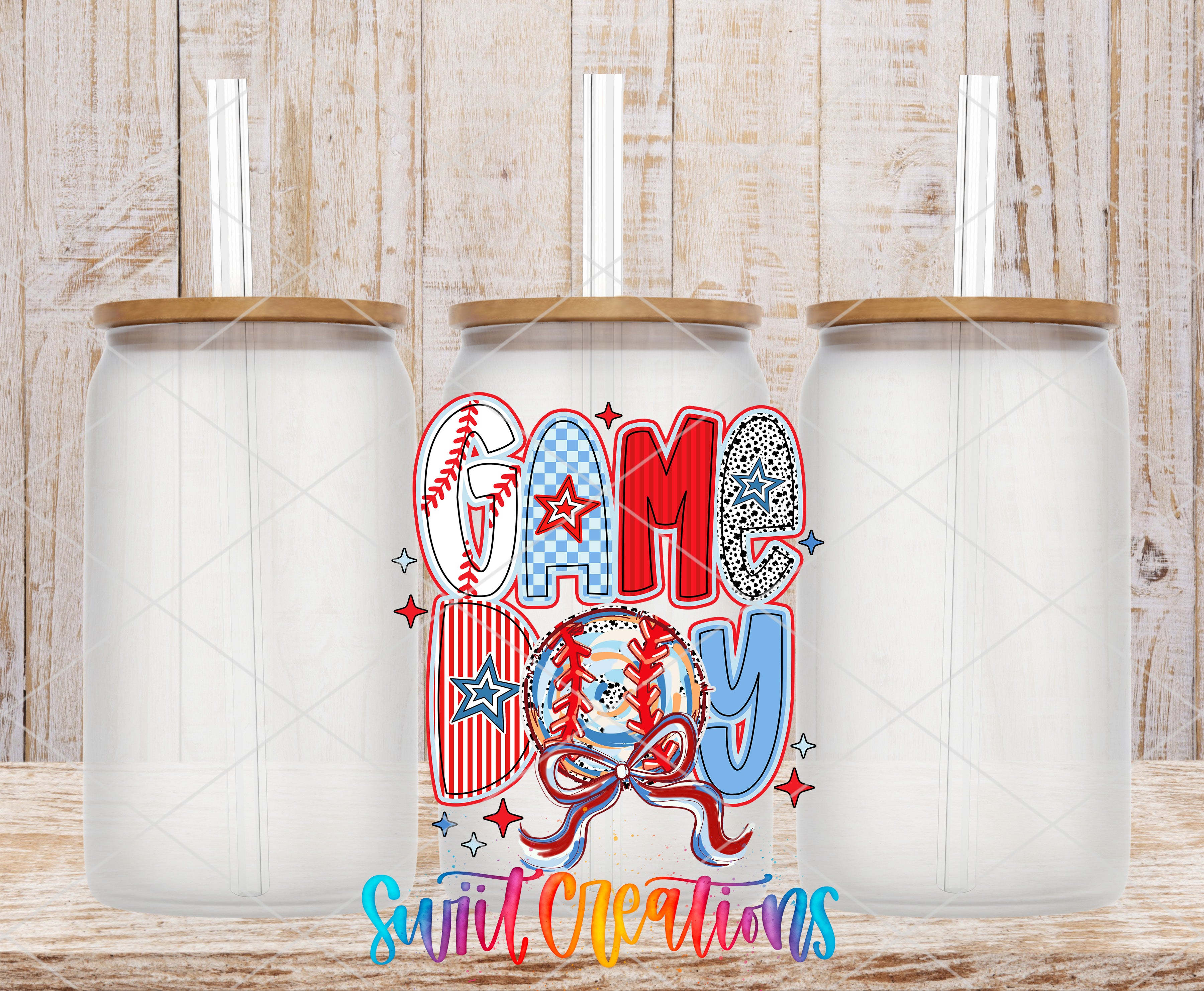three clear glass jars with wooden lids, arranged in a row against a wooden background. The jars have straws attached to their lids. In the center of the image, there is a colorful design that says "GAME DAY" in a stylized font, surrounded by various baseball-related elements such as a baseball, a baseball glove, and a baseball bat.